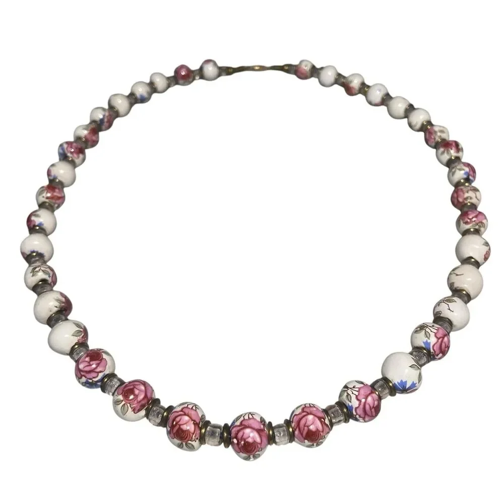 Vintage Chinese Hand Painted Porcelain Flower Beaded Necklace Pink Rose On White